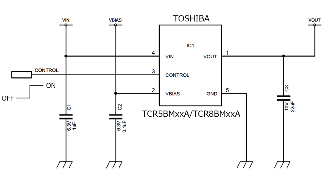用于MCU的TCR5BM/8BM系列LDO稳压器的应用电路的标准电路