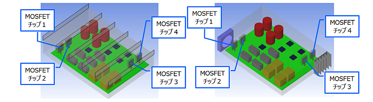 これは、図10：自然空冷 (左) と強制空冷 (右) のシミュレーションモデルの画像です。