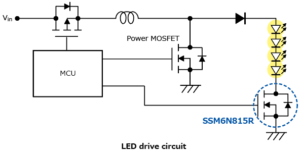 采用小型封装、具有高允许功率耗散的100V双型N沟道MOSFET产品的应用电路实例说明：SSM6N815R。