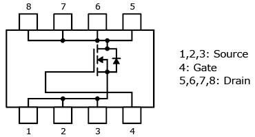 有助于降低电源EMI的60V N沟道功率MOSFET U-MOSIX-H系列中低峰值产品的内部电路图示：TPH1R306P1。