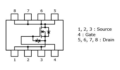 The illustration of internal circuits of 40 V/60 V N-channel power MOSFETs with small and surface mounting that contributes to low power consumption of automotive equipment : XPN3R804NC, XPN7R104NC, XPN6R706NC, XPN12006NC.