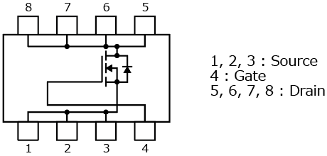The illustration of internal circuit of a low-spike-type 40 V N-channel power MOSFET that helps reducing EMI of power supplies : TPHR7404PU.