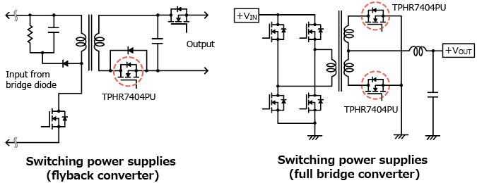 The illustration of application circuit examples of a low-spike-type 40 V N-channel power MOSFET that helps reducing EMI of power supplies : TPHR7404PU.