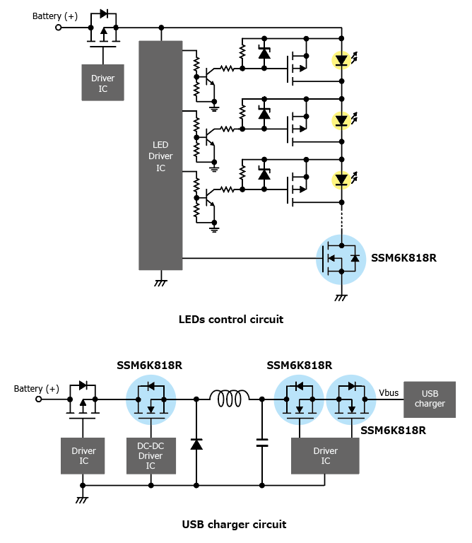 应用电路示例图：SSM6K818R、SSM6K804R 