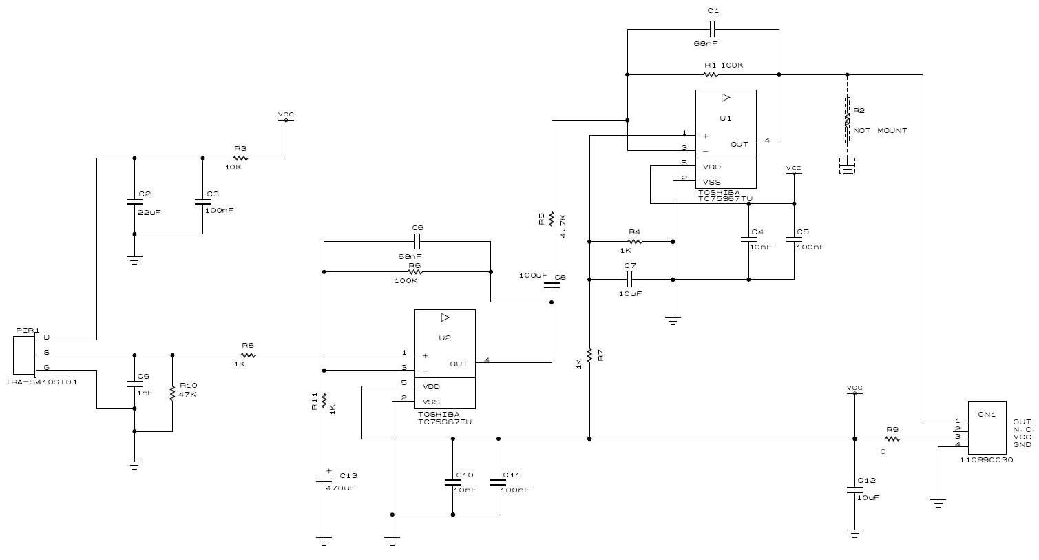 これは、低ノイズオペアンプTC75S67TU焦電型赤外線人感センサー向け応用回路の回路図です。