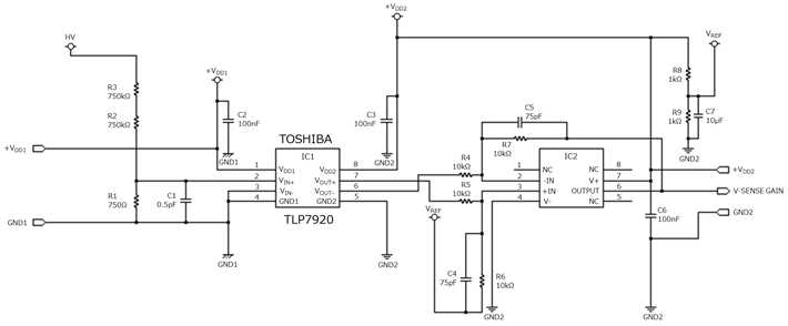 これは、アイソレーションアンプTLP7920応用回路(電圧検出)の応用回路例(回路図)です。