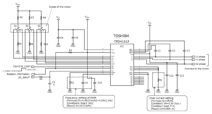 これは、ブラシレスDCモータードライバー矩形波駆動方式TPD4151F応用回路の応用回路例（回路図）です。