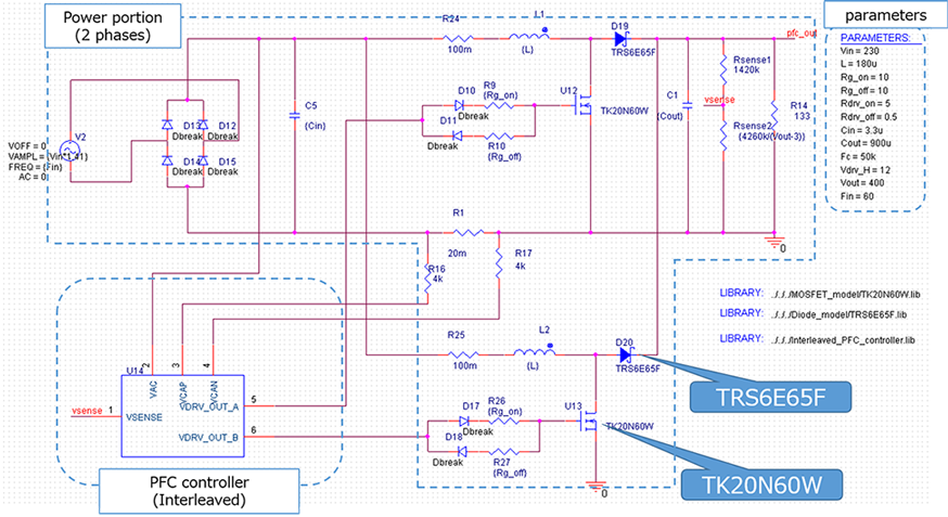 Circuit diagram of interleaved PFC power supply basic simulation circuit.