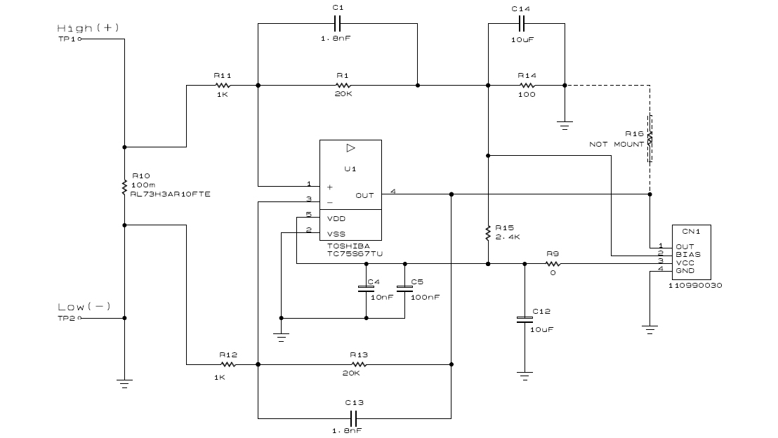 电流传感器用低噪声运算放大器TC75S67TU的应用电路的电路图