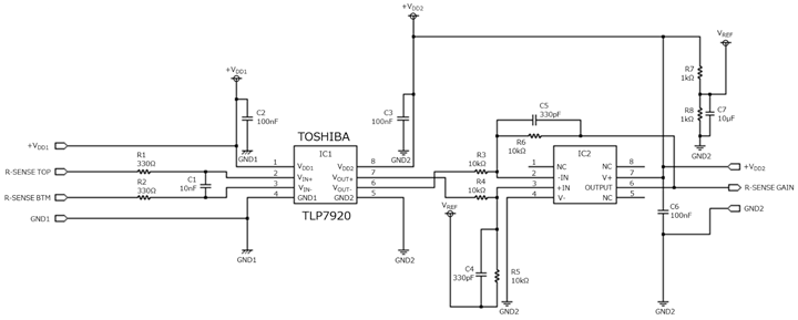 TLP7920隔离放大器的应用电路（电流检测）的应用电路图