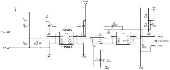 TLP7820隔离放大器的应用电路（电压检测）的应用电路图