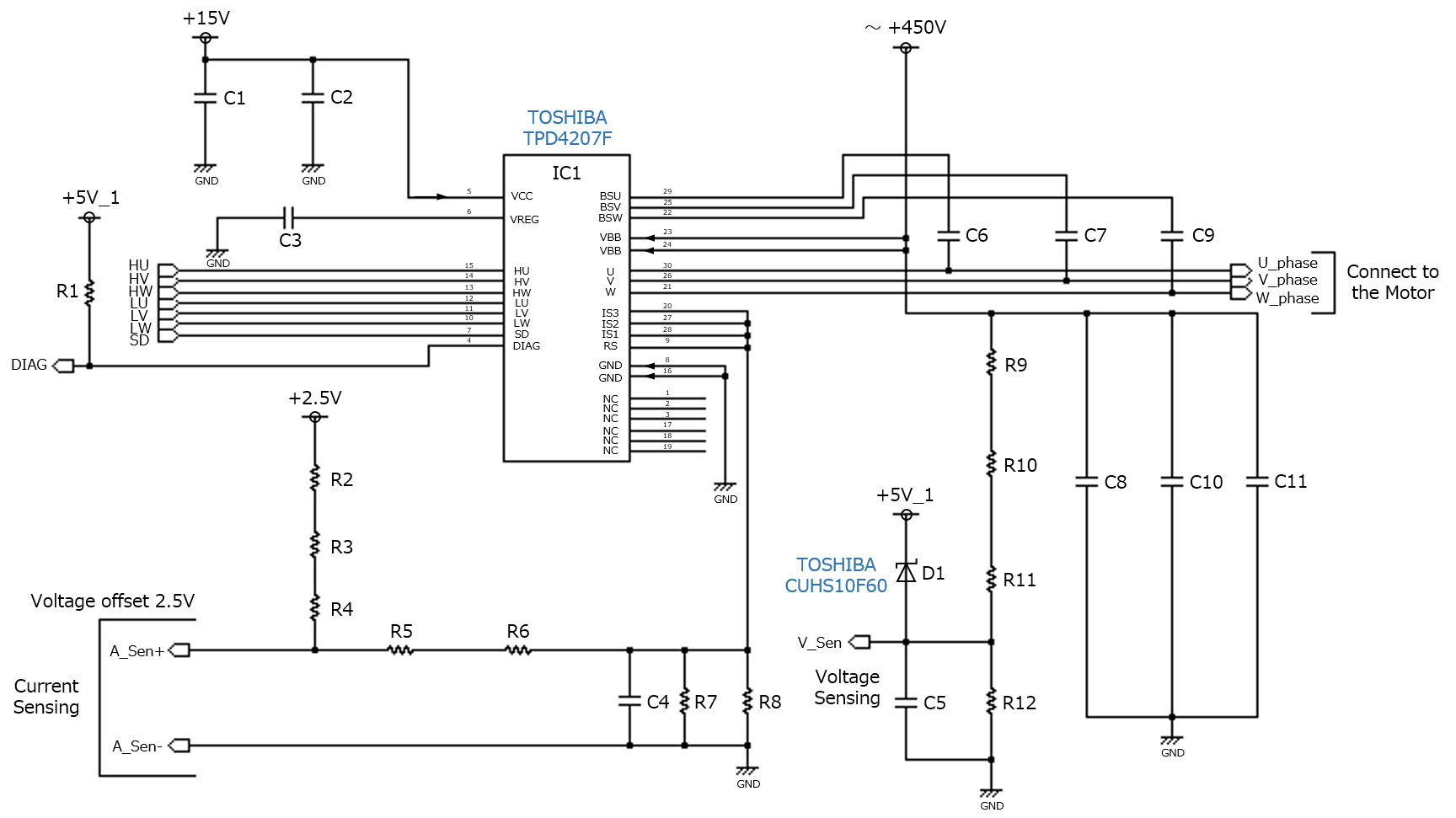 TPD4207F用于小型压缩机电机驱动的应用电路的应用电路图