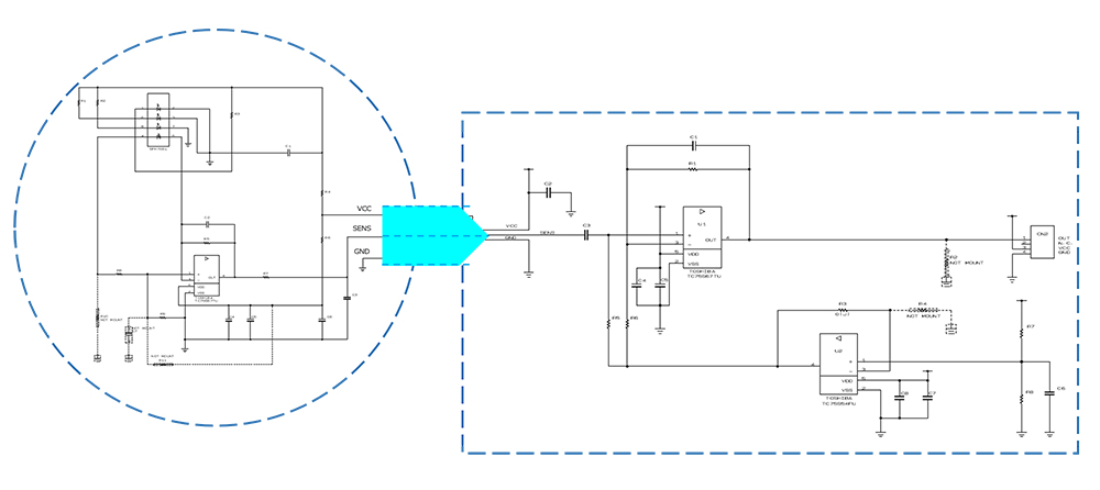 用于脉冲传感器的低噪声运算放大器TC75S67TU的应用电路的电路