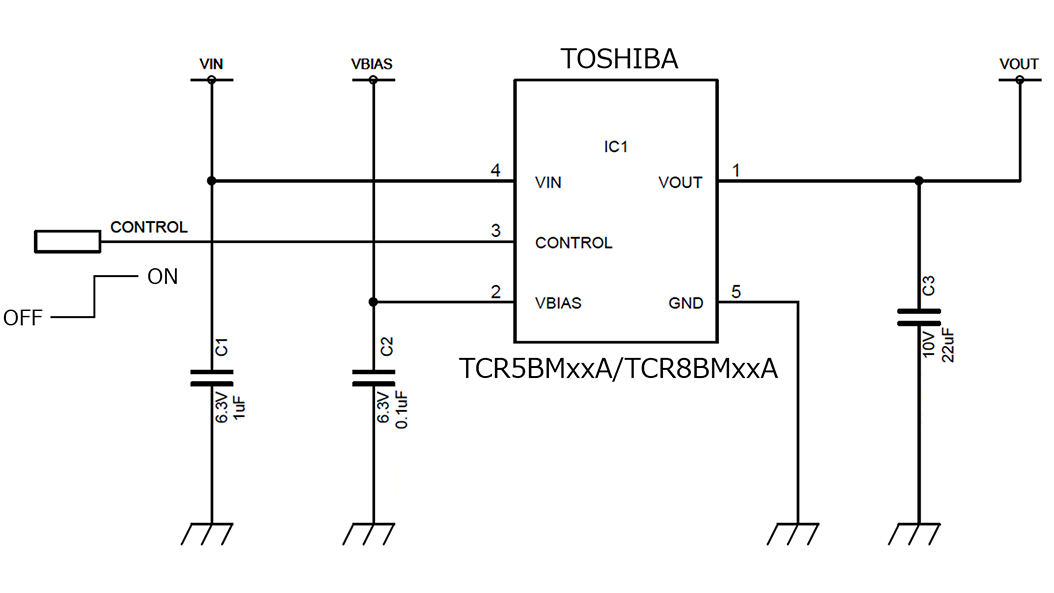用于射频电路的TCR5BM/8BM系列LDO稳压器的应用电路的标准电路