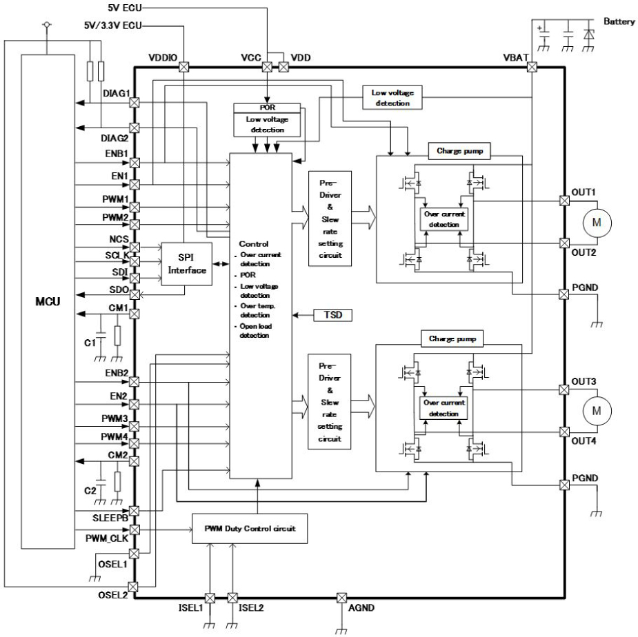 图2：TB9053／54FTG方框图和参考应用电路示例