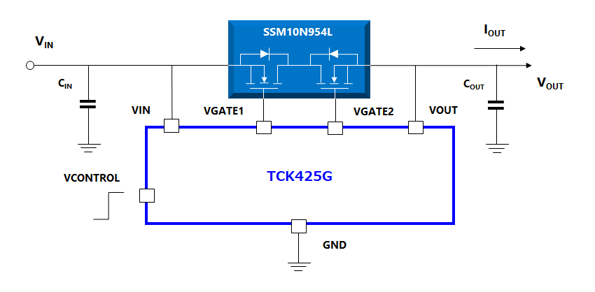 下面显示了TCK425G与SSM10N954L在5V输电线中的组合示例。